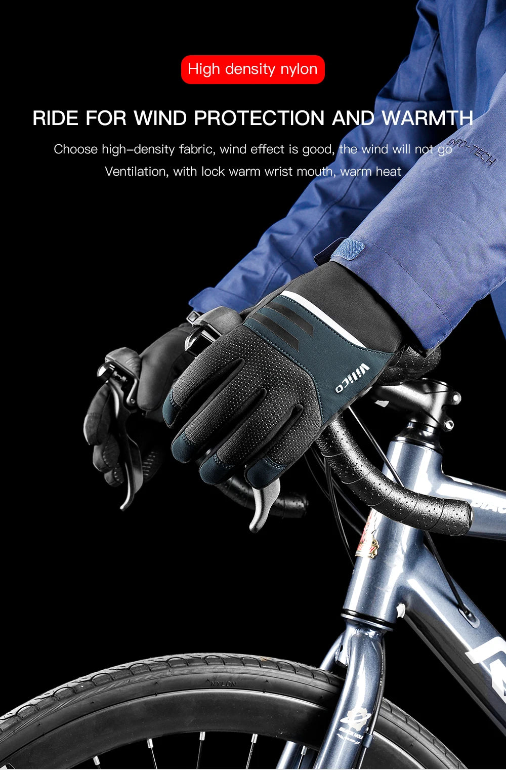 A hand wearing dark insulated gloves is gripping a bicycle handlebar, emphasizing wind protection and warmth.