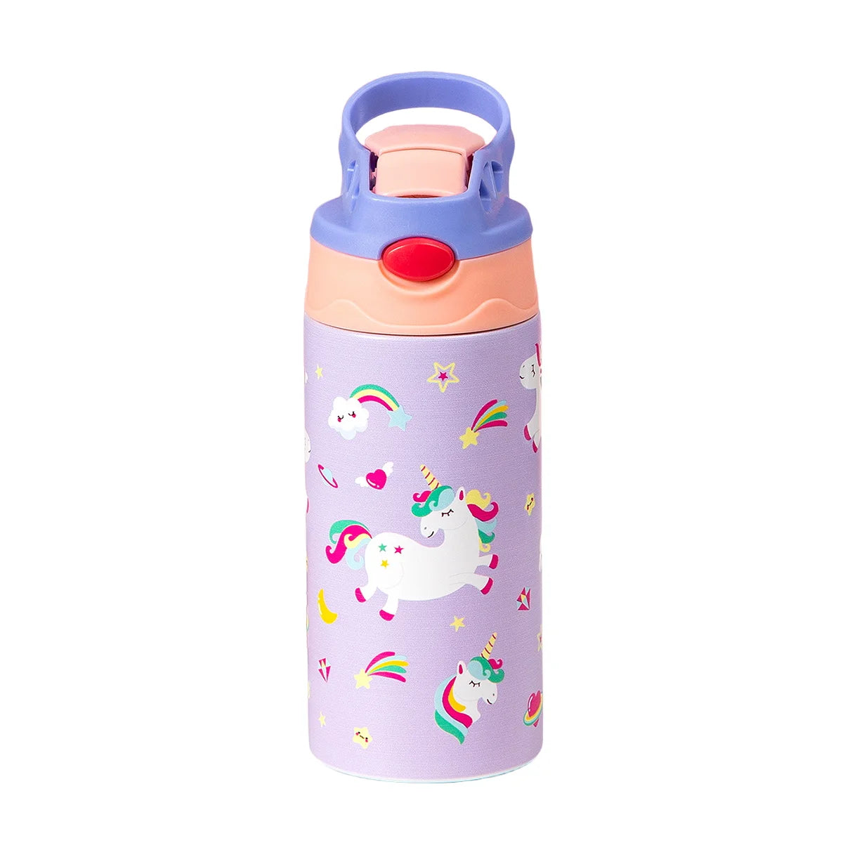 A purple insulated stainless steel thermos cup with a light blue lid featuring colorful unicorn and star patterns.