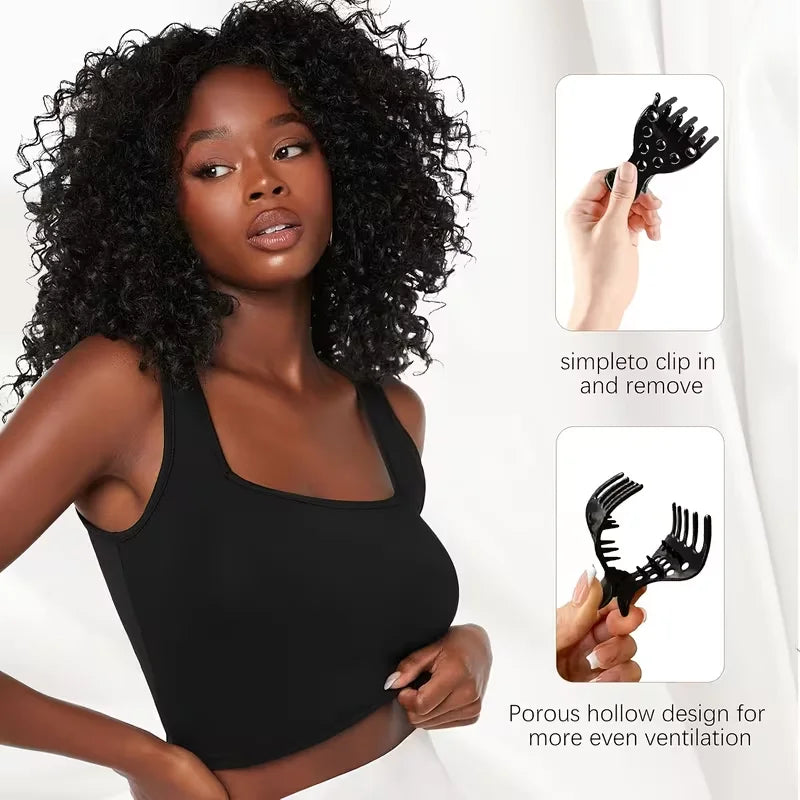 A woman models a black sports bra and a black hair clip for curling, showing the product features.