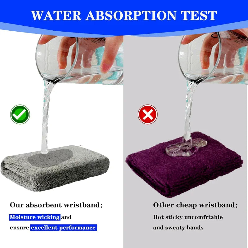 A water absorption test showing liquid dripping from a clear glass onto a gray absorbent wristband.