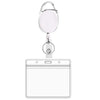 A silver retractable ID badge reel keychain with a clear plastic badge holder.