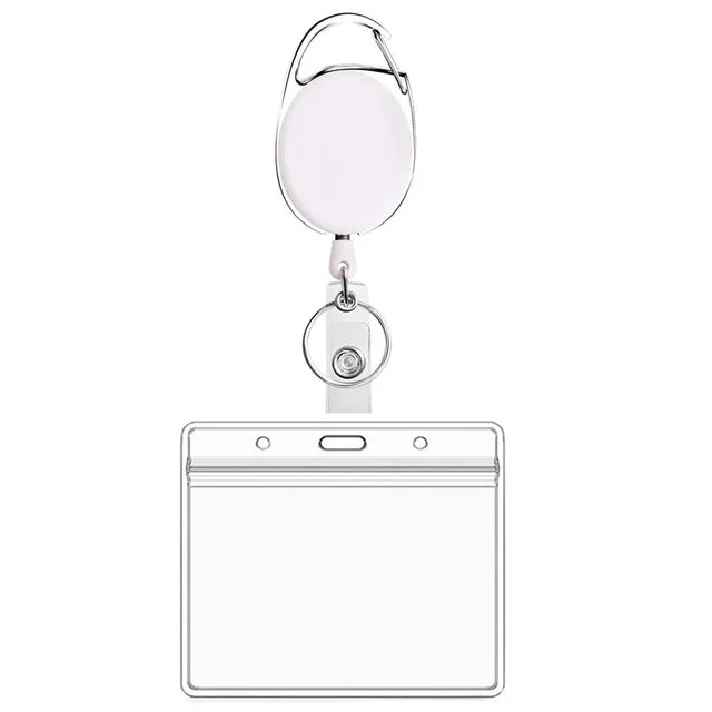 A silver retractable ID badge reel keychain with a clear plastic badge holder.