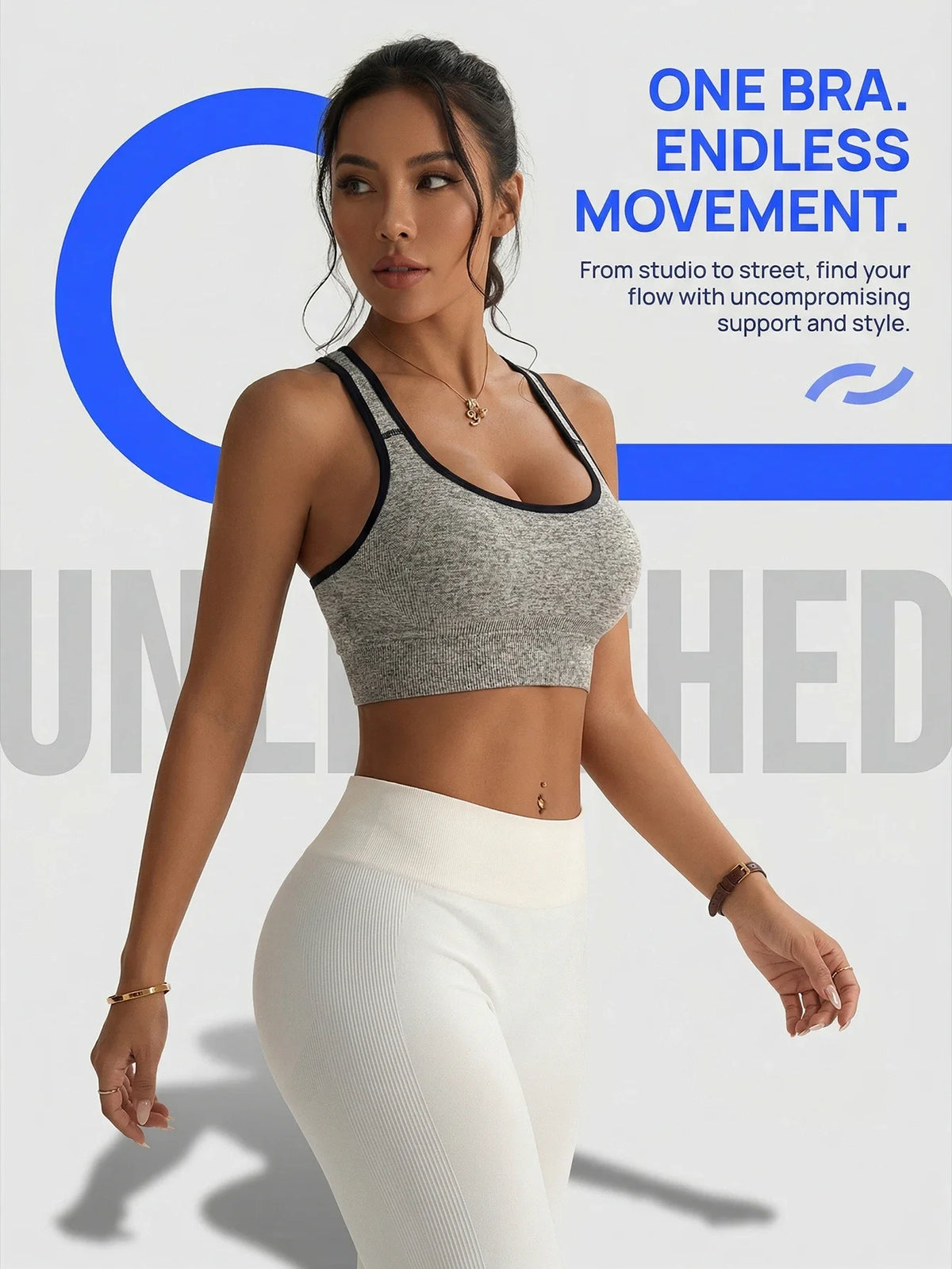 A woman models a seamless racerback sports bra and matching leggings in gray and white.