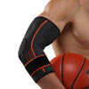Black elbow compression sleeve worn on an arm next to a basketball.