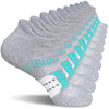 A stack of gray women's performance ankle socks with blue accents, showing the compression and cushion support design.