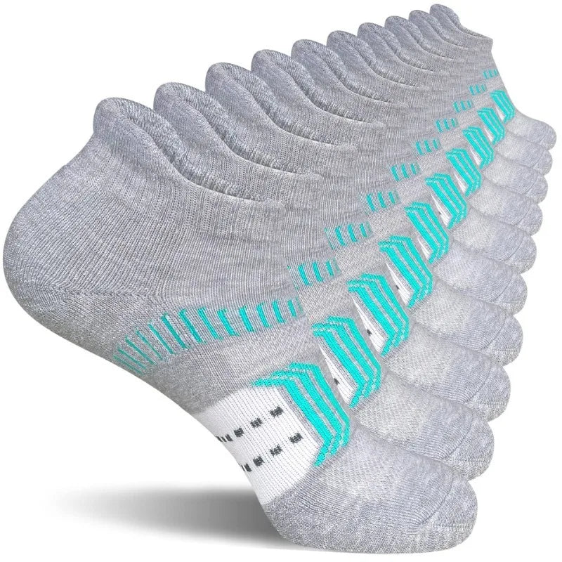 A stack of gray women's performance ankle socks with blue accents, showing the compression and cushion support design.