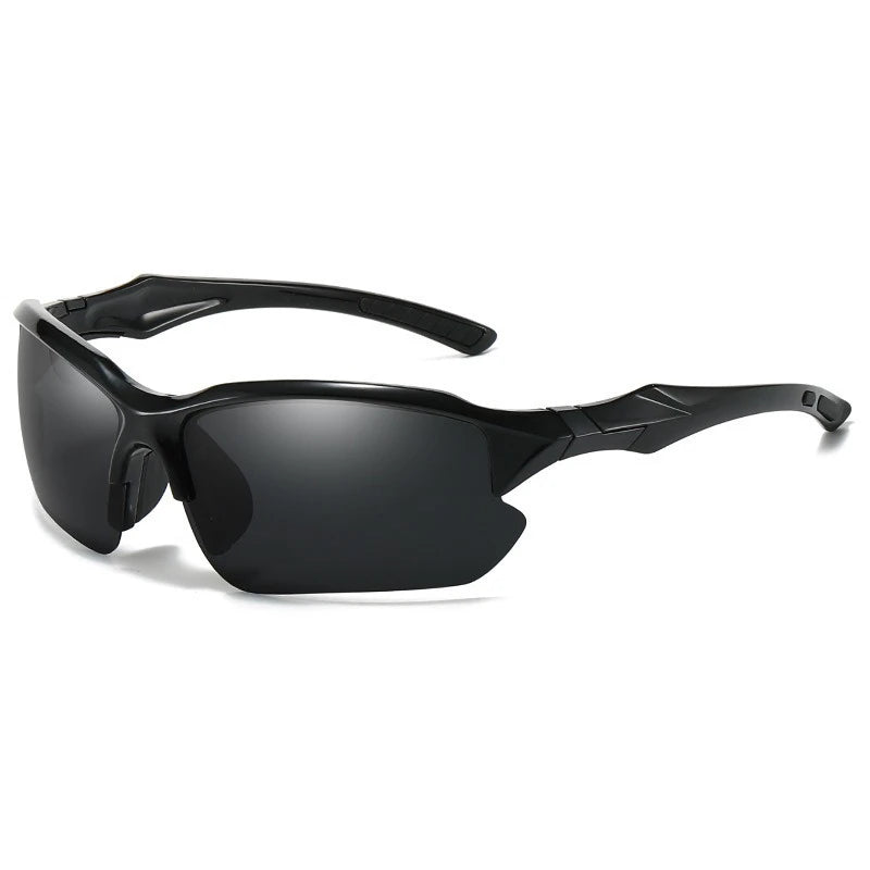 Black polarized sunglasses with a dark frame shown against a white background.