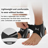 A person's foot is shown wearing a black ankle protector designed to provide lightweight and comfortable support.
