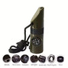 A green multi-function survival kit featuring a whistle, thermometer, compass, LED lights, and magnifying glass.