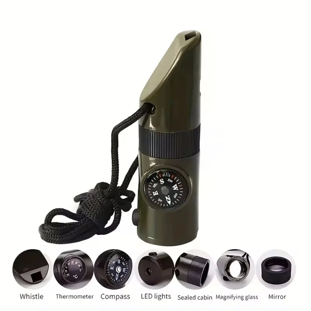 A green multi-function survival kit featuring a whistle, thermometer, compass, LED lights, and magnifying glass.