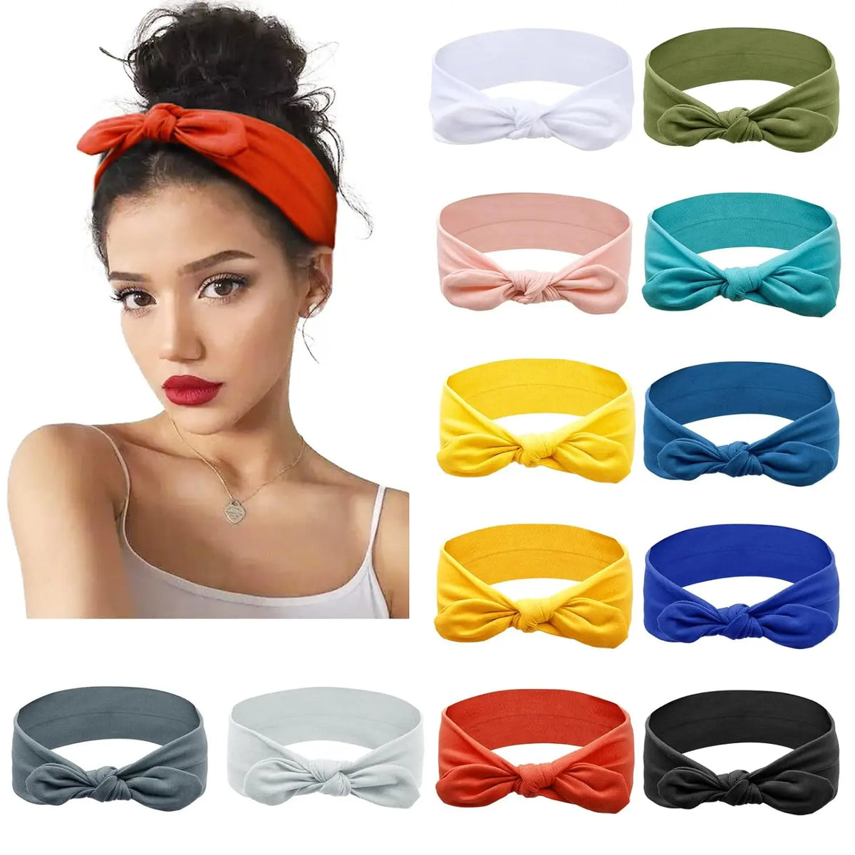 Eine Kollektion von Kaninchenohr-Haarbändern in Schwarz, Grau und Orange für Frauen.