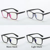 A set of unisex square full frame optical glasses shown in matte black and light black finishes.