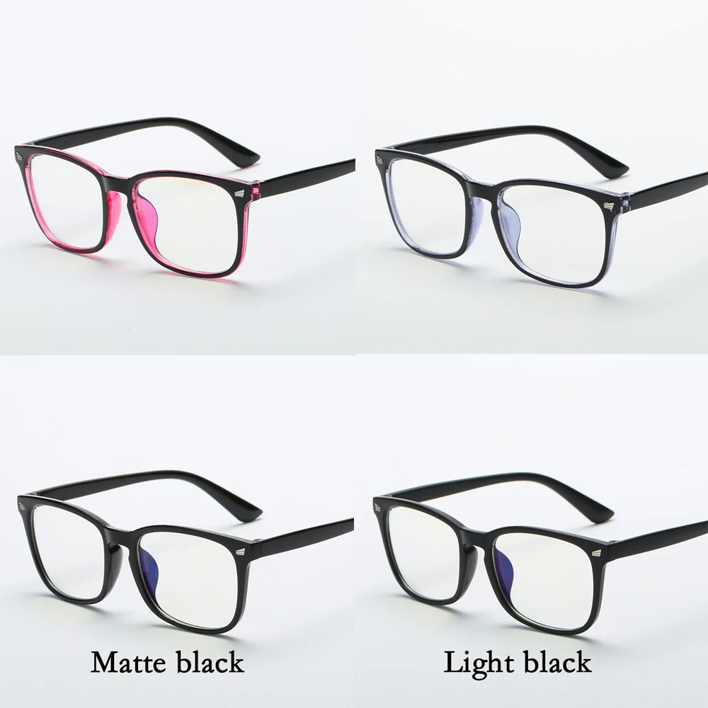 A set of unisex square full frame optical glasses shown in matte black and light black finishes.