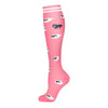 Pink compression socks with black animal patterns