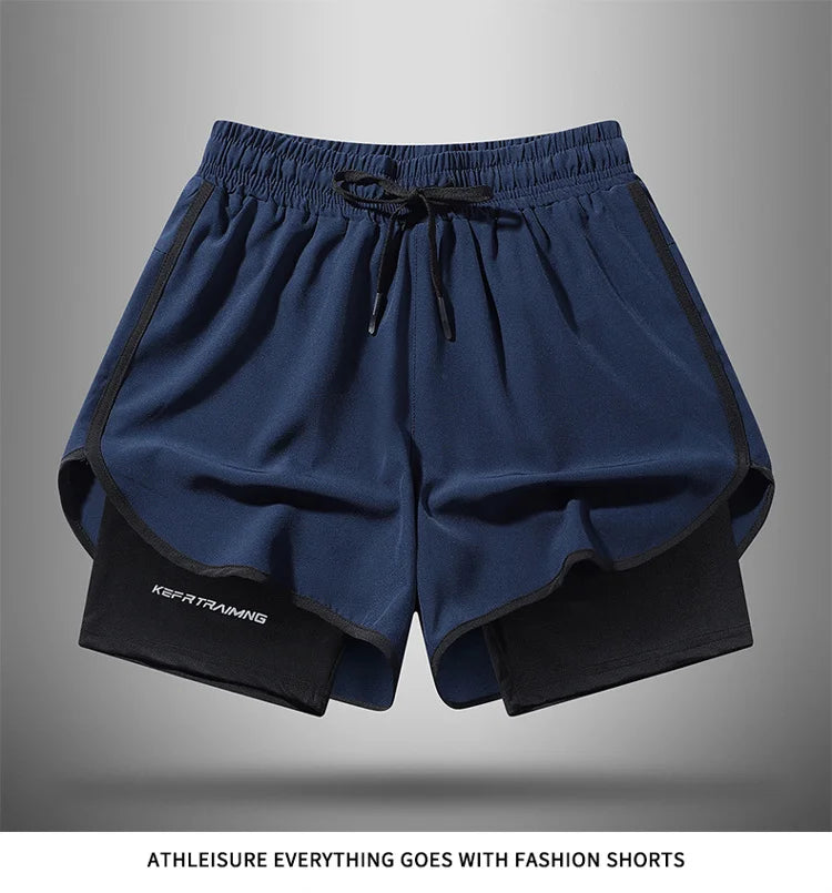 Navy blue athletic shorts with black trim and drawstring shown flat lay