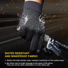 A hand wearing black waterproof gloves is shown splashing water, demonstrating the fabric's resistance.