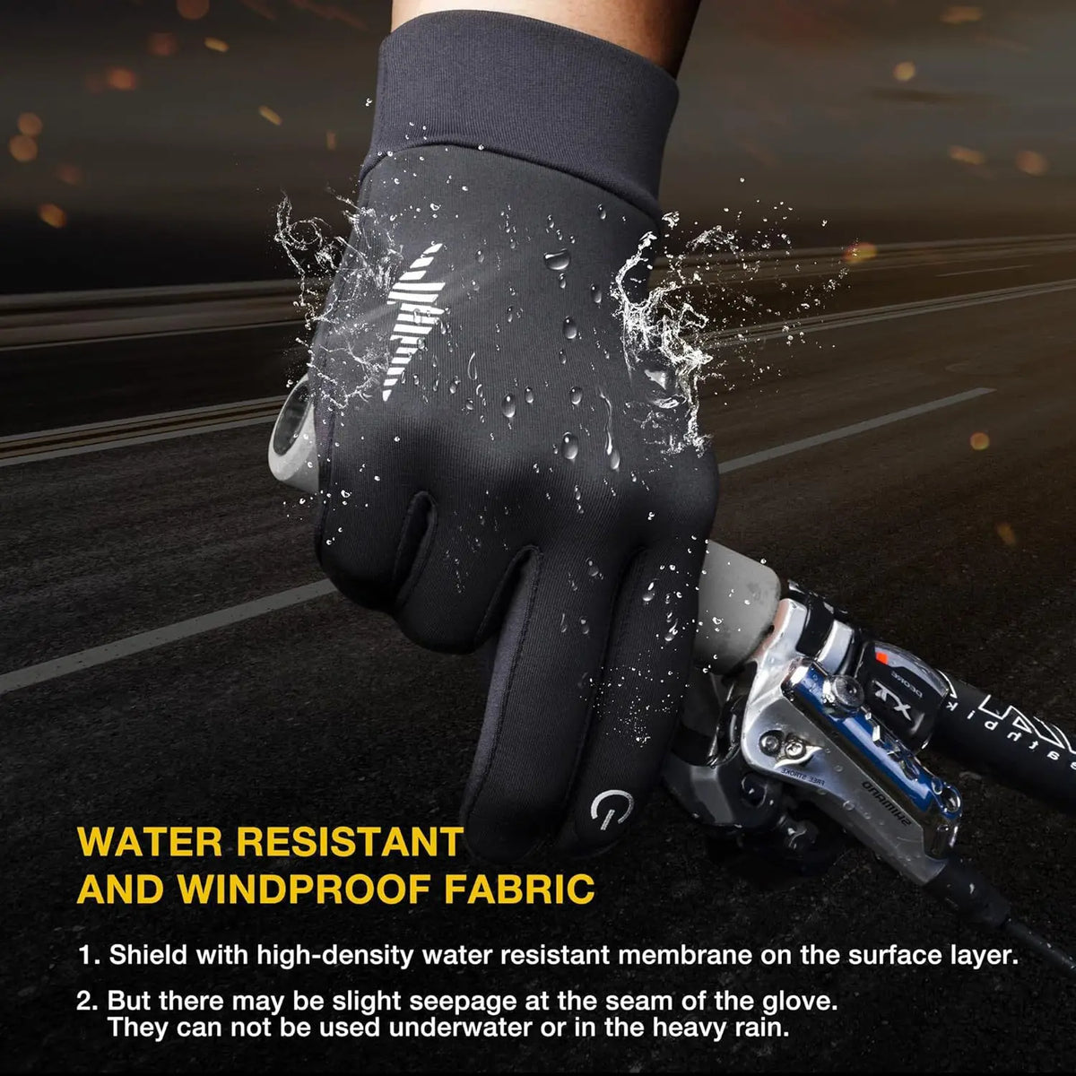A hand wearing black waterproof gloves is shown splashing water, demonstrating the fabric's resistance.