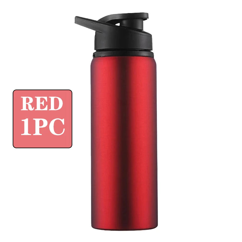 A red leakproof aluminum portable water bottle with a black cap.