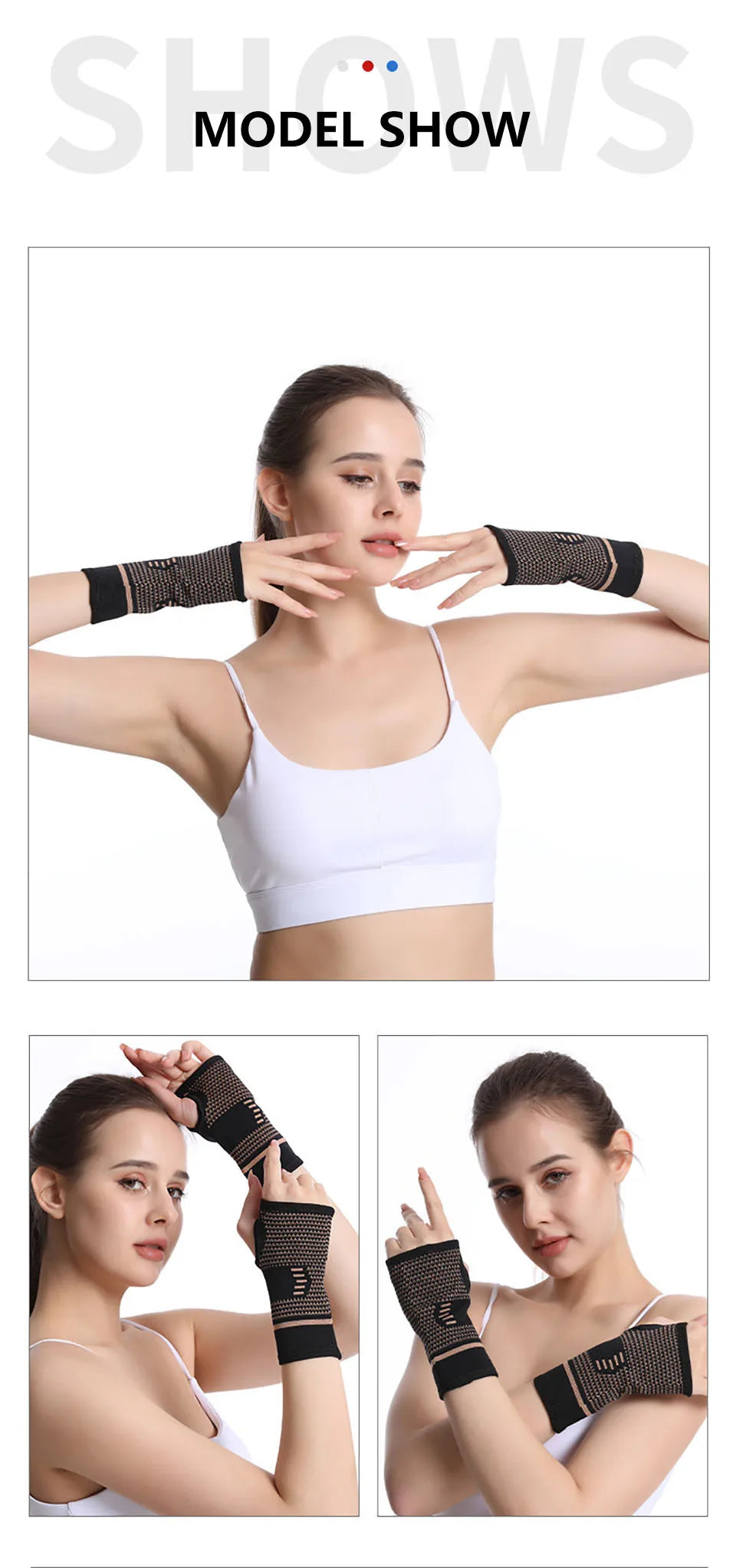 A woman demonstrates a black copper fiber wrist bracer for fitness and sport.
