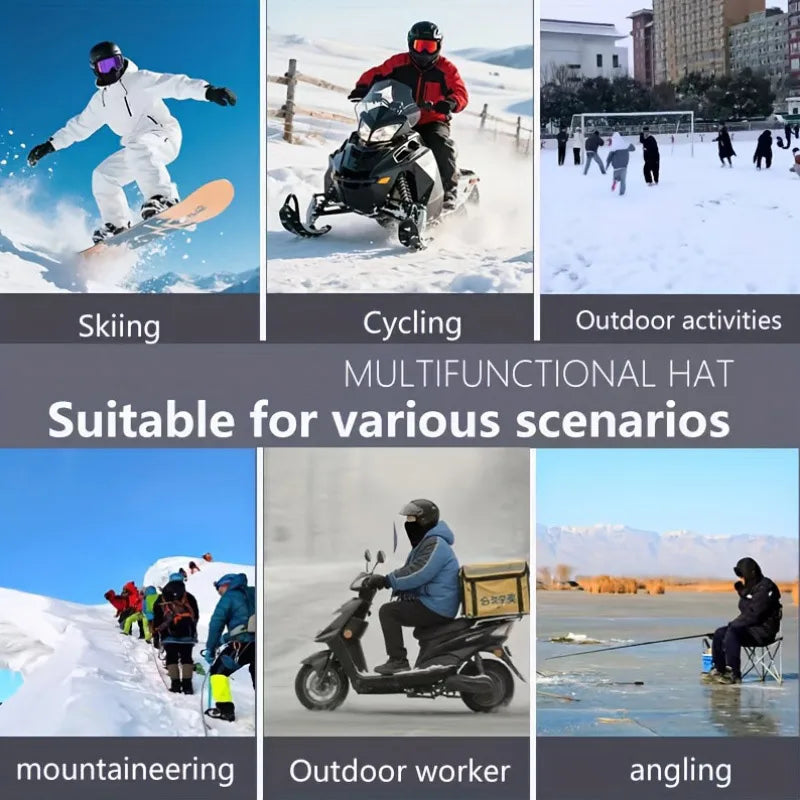 A multi-functional hat shown in various outdoor activities including skiing, cycling, mountaineering, and angling.