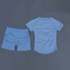 Ensemble de yoga et de fitness bleu clair sans couture pour femmes, composé d'un haut à manches courtes et d'un short de spor