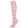 Pink compression socks with yellow crescent moon patterns