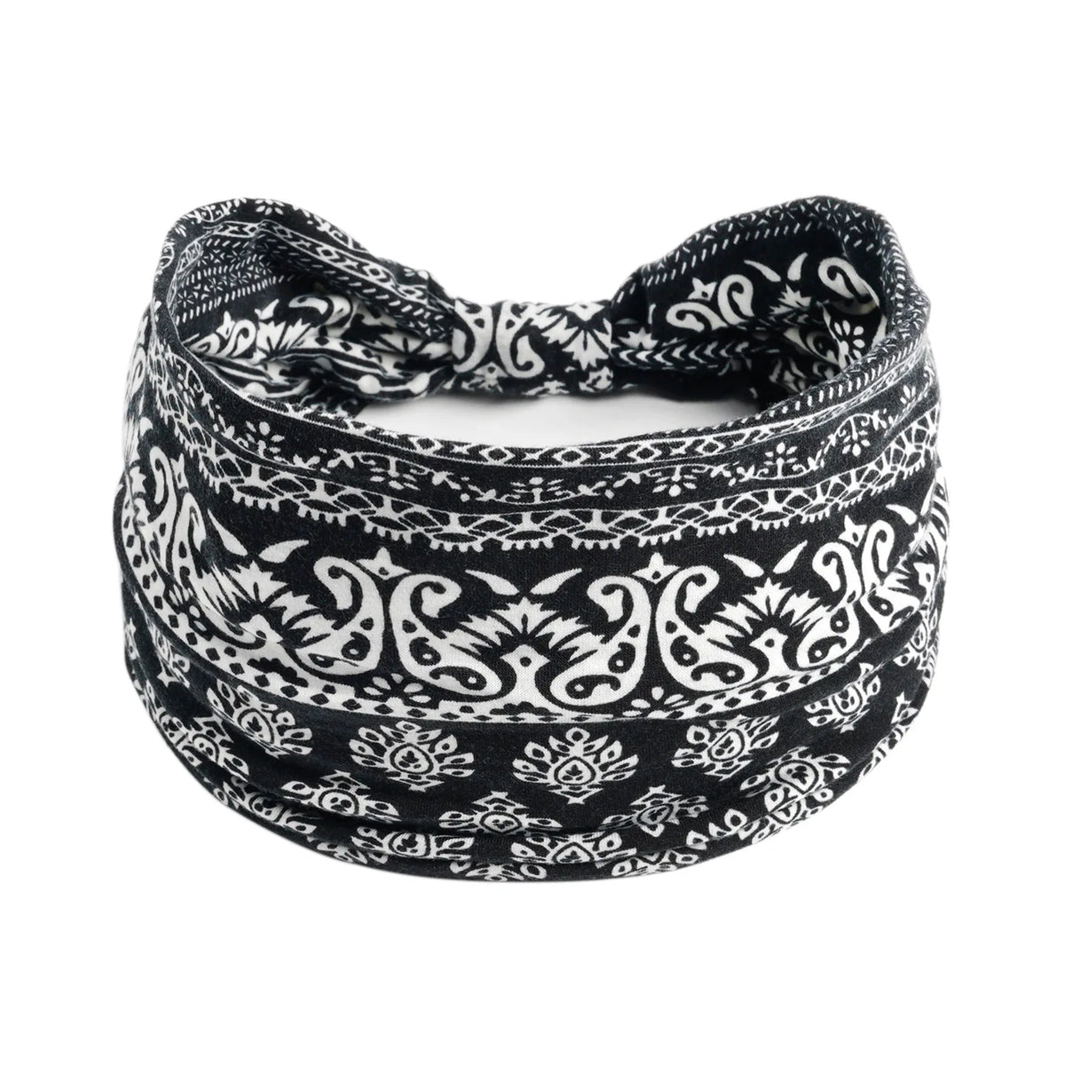 Black and white bohemian cotton stretch headband tied in a bow