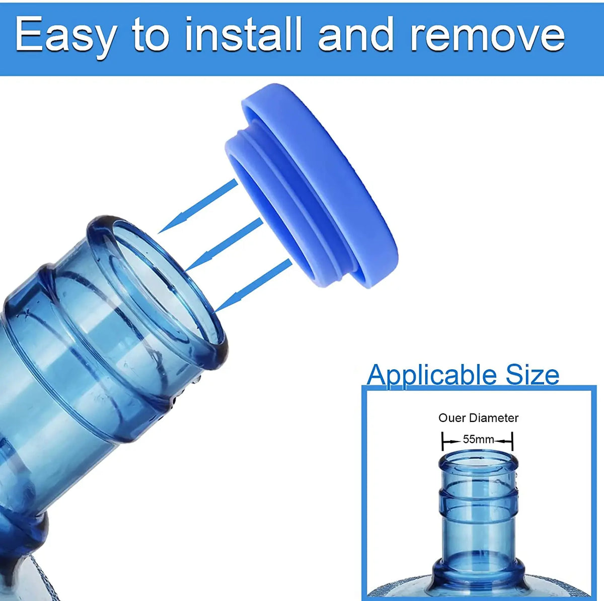 Blue silicone water bottle lid being installed onto a clear glass bottle.