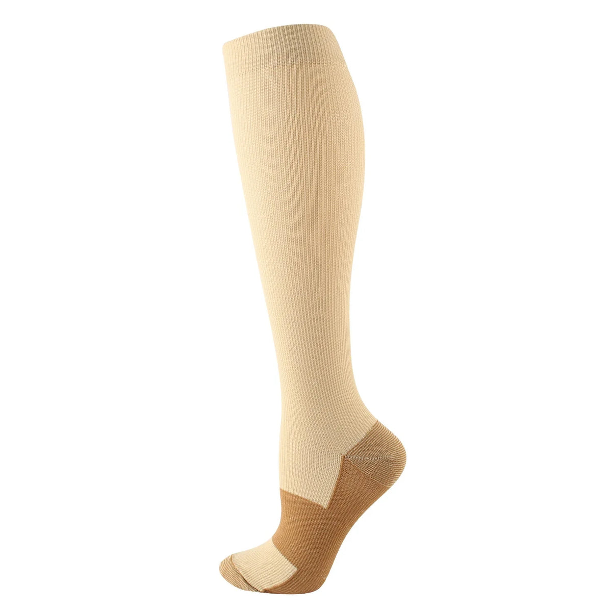 A full-length image of beige compression socks for vein health, showing the ankle and calf area.