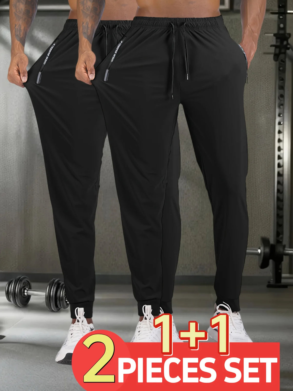 A pair of black breathable men's casual jogger pants being worn by a model in a gym setting.