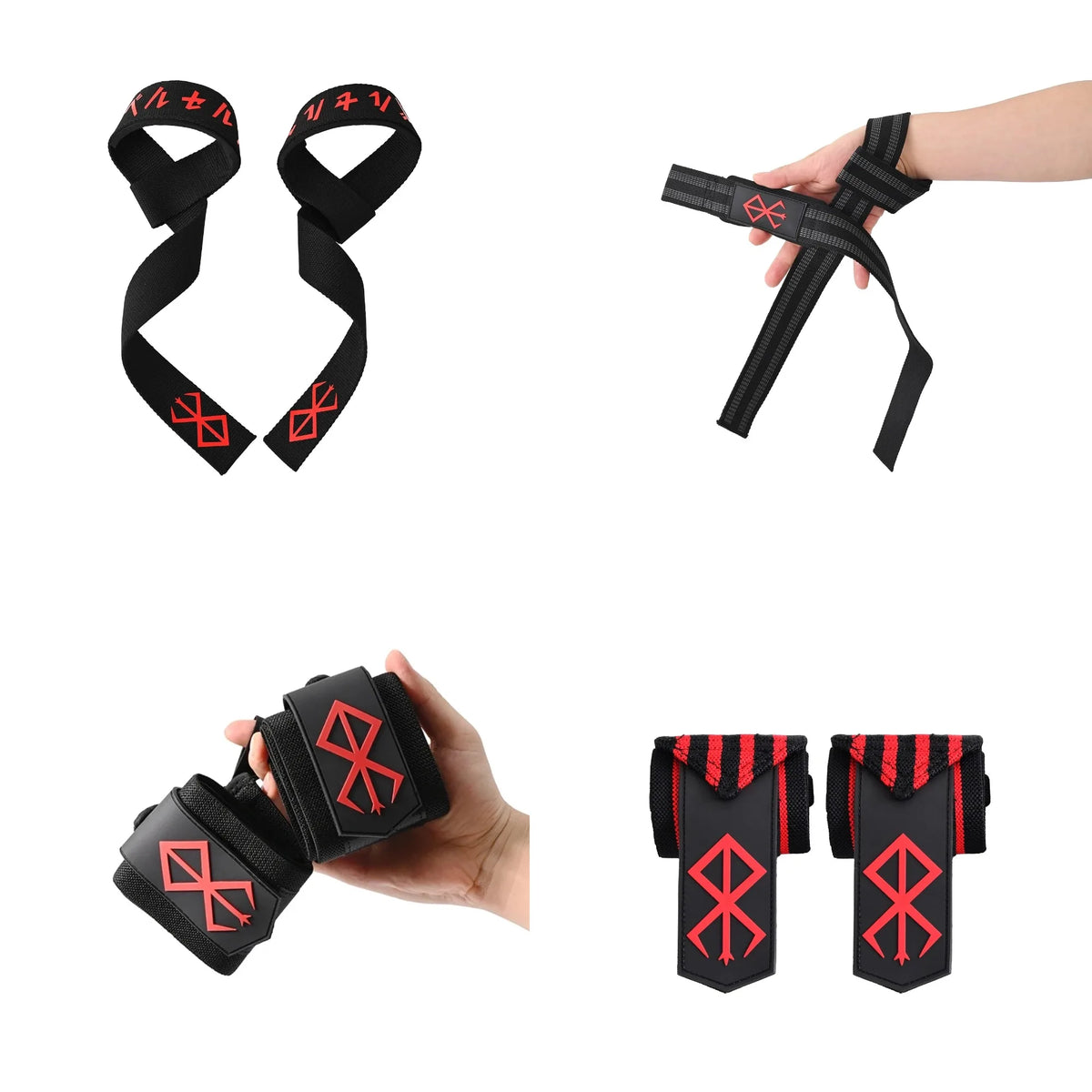 Wraps de poignet noirs robustes avec des accents rouges, présentés sous différentes formes et sur une main.