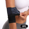 Black and blue slimming arm shaper sleeves worn on a person's forearm.