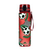 A red water bottle with a football pattern and black cap.
