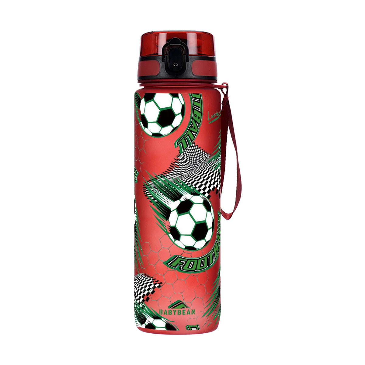 A red water bottle with a football pattern and black cap.