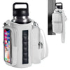 A white magnetic accessory holder designed to secure a smartphone and water bottle on a vertical surface.