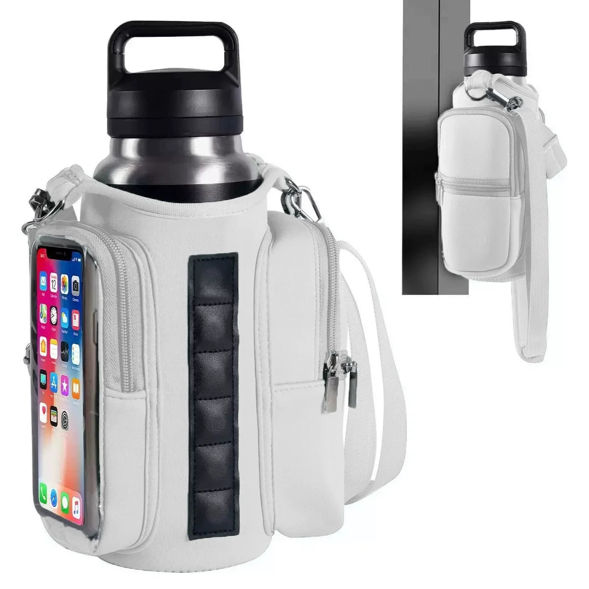 A white magnetic accessory holder designed to secure a smartphone and water bottle on a vertical surface.