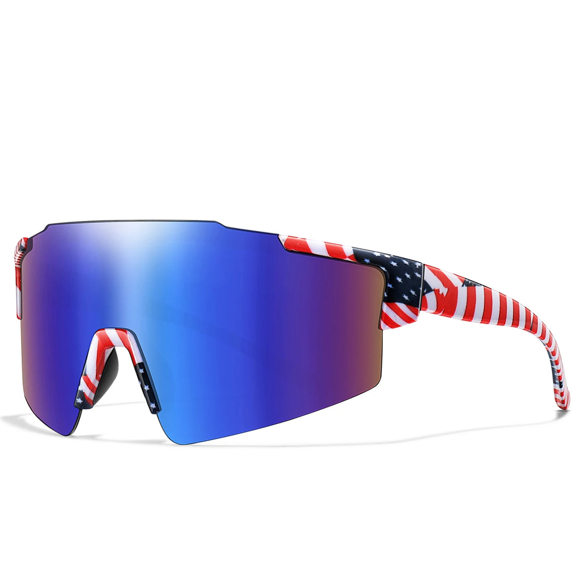 A pair of polarized cycling sunglasses with red, white, and blue patriotic accents.