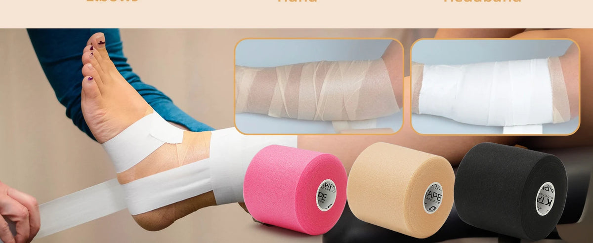 Hands applying pre-wrap athletic foam tape to a foot and ankle for joint protection.
