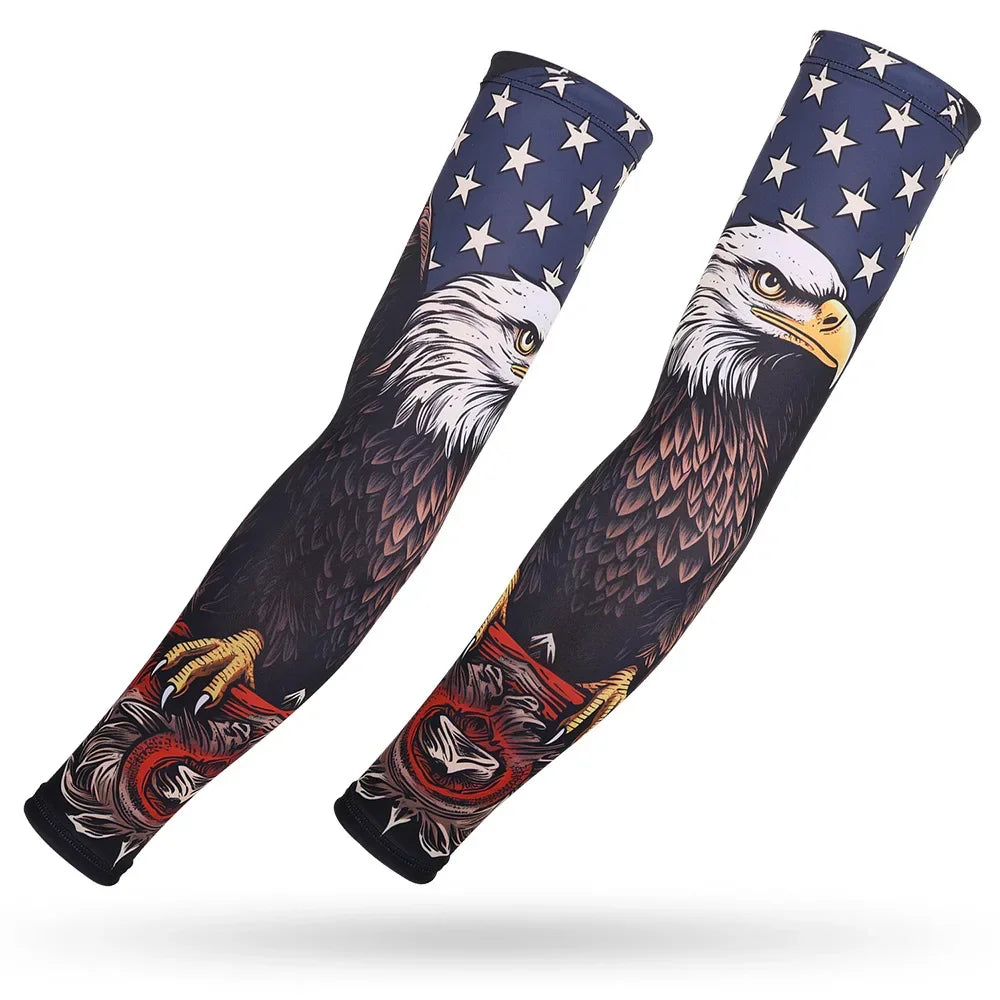 A long sleeve arm featuring a detailed illustration of an eagle with a patriotic star pattern.