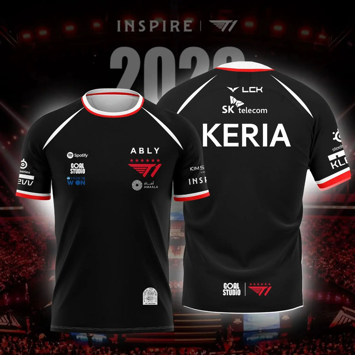 A black esports team jersey with white trim featuring the name Keria and sponsor logos on a dark background.