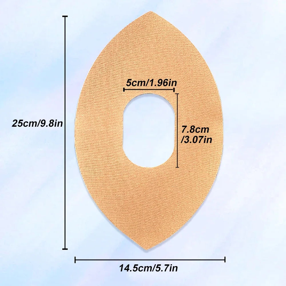Beige Kinesiotape-Stück in Tropfenform mit Maßen in Zentimetern und Zoll