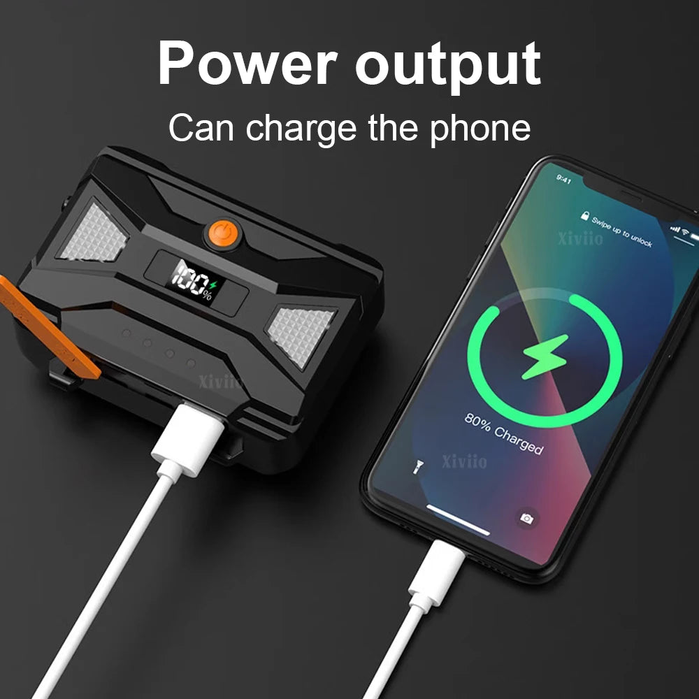 An ultra bright LED headlamp is shown charging a smartphone via a cable.