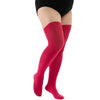 A pair of solid red thigh high leg warmers worn on a person's legs.