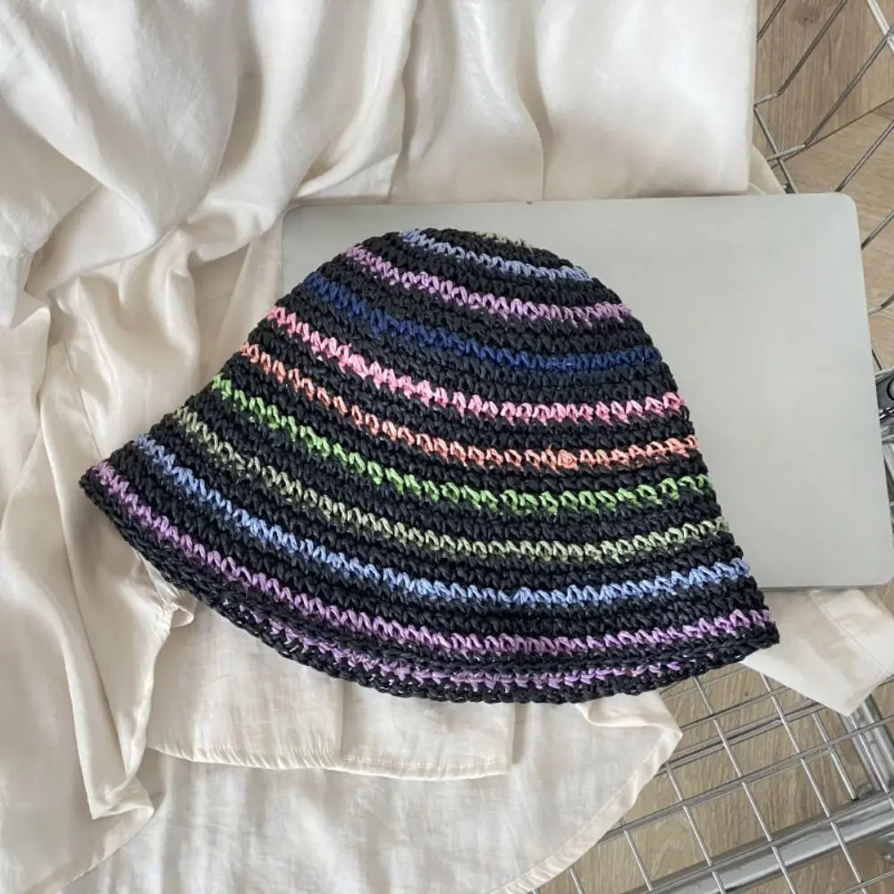 Handwoven Rainbow Stripe Straw Sun Hat with Wide Brim