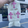 White tactical knit balaclava beanie hat with pink cross embroidery