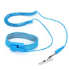 Blue adjustable ESD wrist strap with a clip and a pair of tweezers for electronics safety