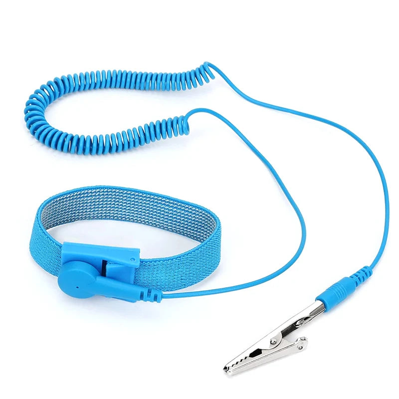 Blue adjustable ESD wrist strap with a clip and a pair of tweezers for electronics safety