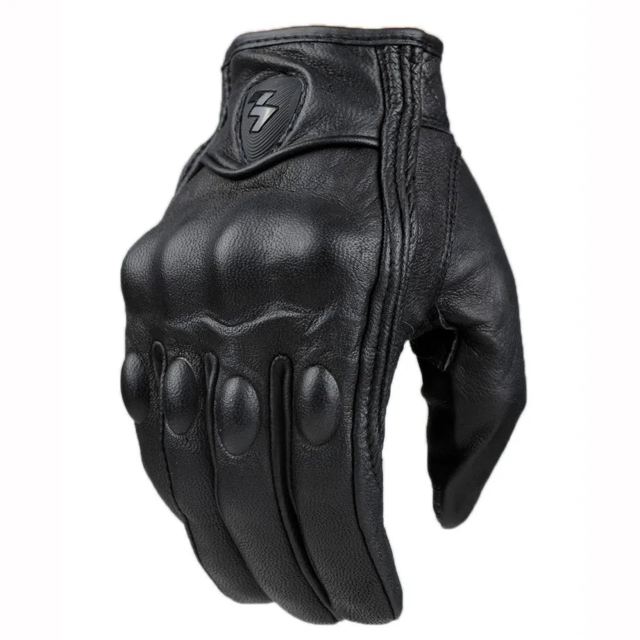 Black full finger leather motorcycle riding gloves shown from the palm side.