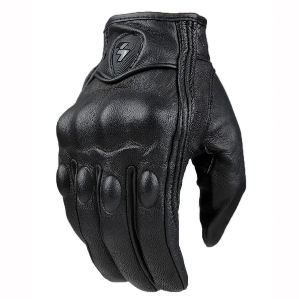 Black full finger leather motorcycle riding gloves shown from the palm side.
