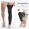 Black sports support knee pads worn on a leg, showing the compression sleeve and spring support features.